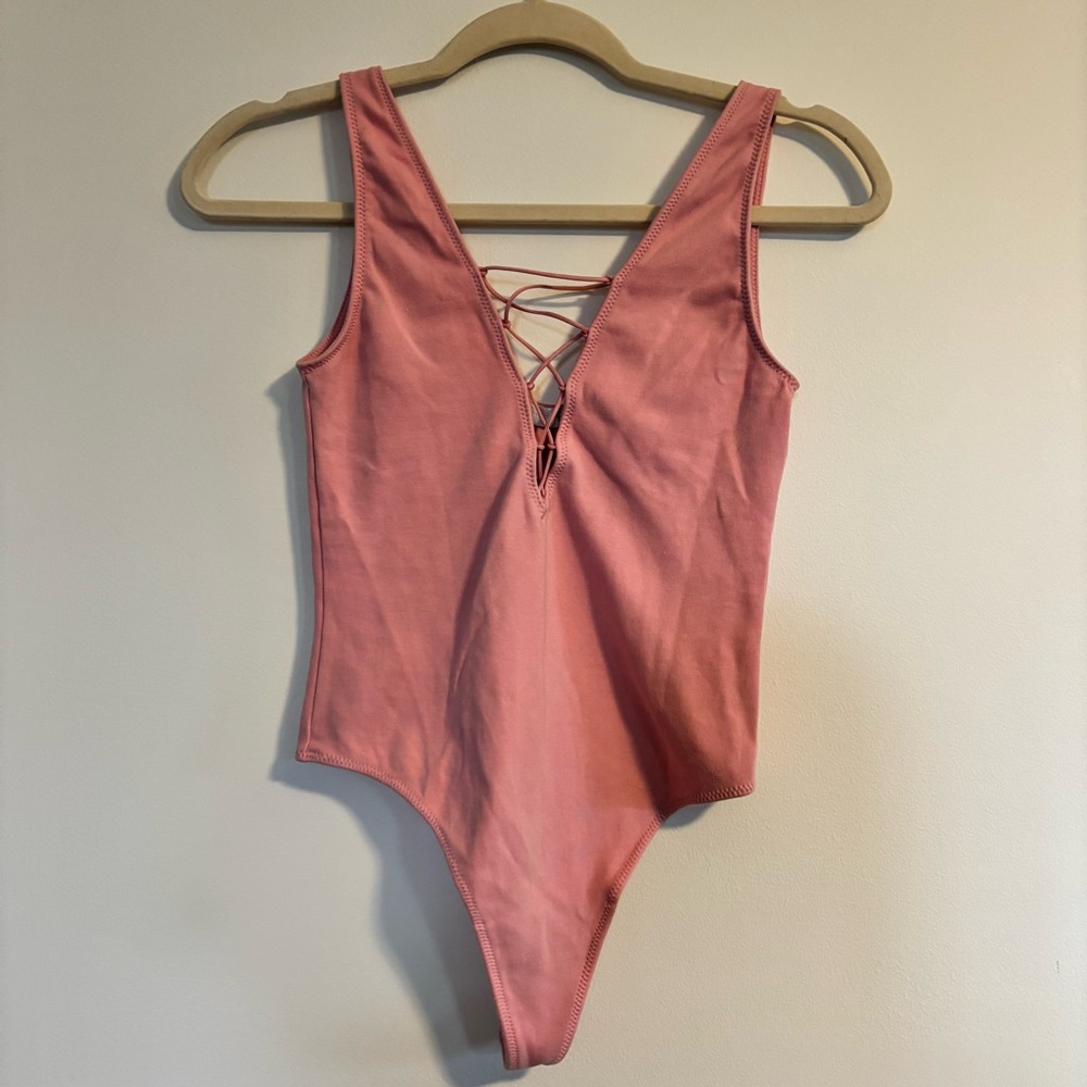 Aritzia Wilford Pink Lace-Up Bodysuit